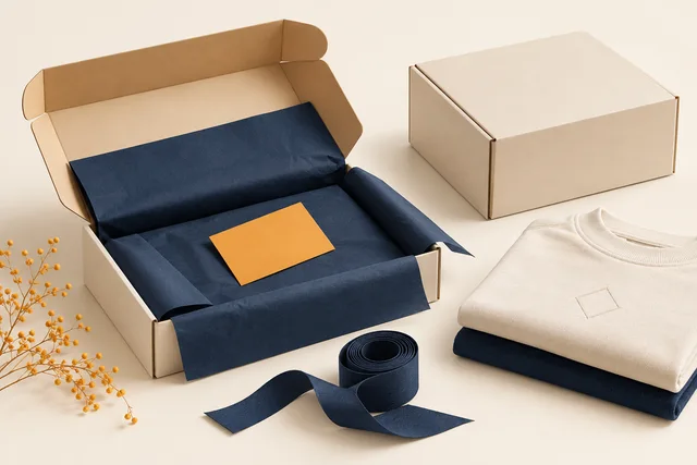 Caja conceptual con papel de seda, inserto sin texto, cinta y prendas para ilustrar opciones de empaque.