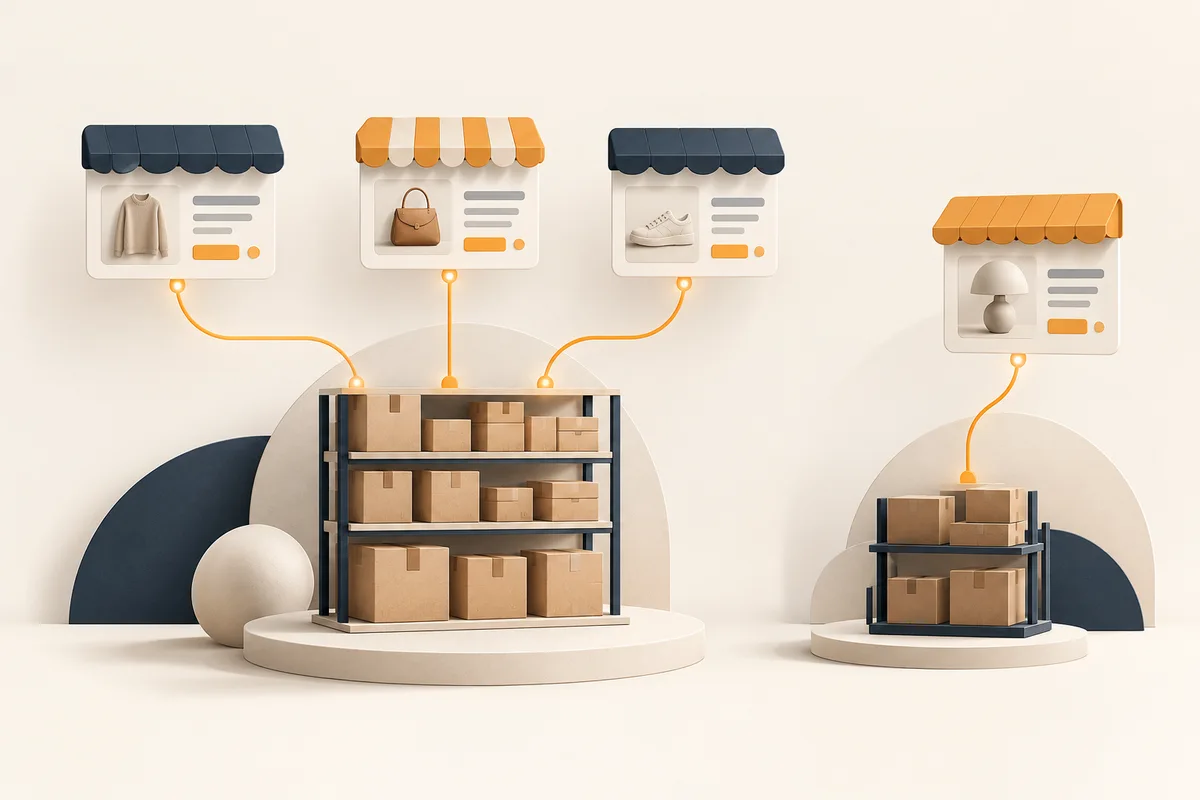 Inventario conceptual compartido entre varias tiendas y un grupo separado de existencias asignadas.