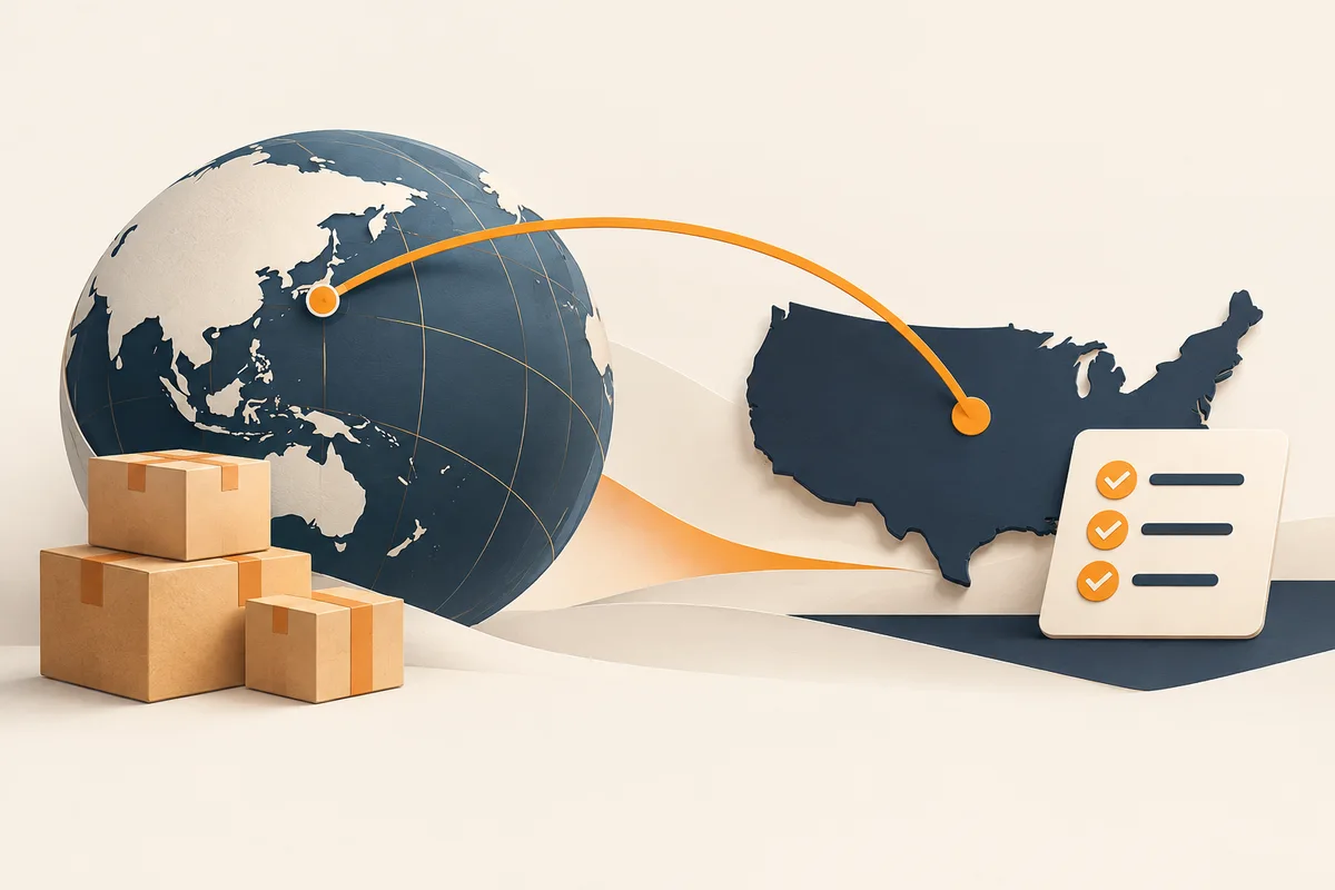 Conceptual globe, cartons, US silhouette and receiving checklist illustrating market-entry preparation.
