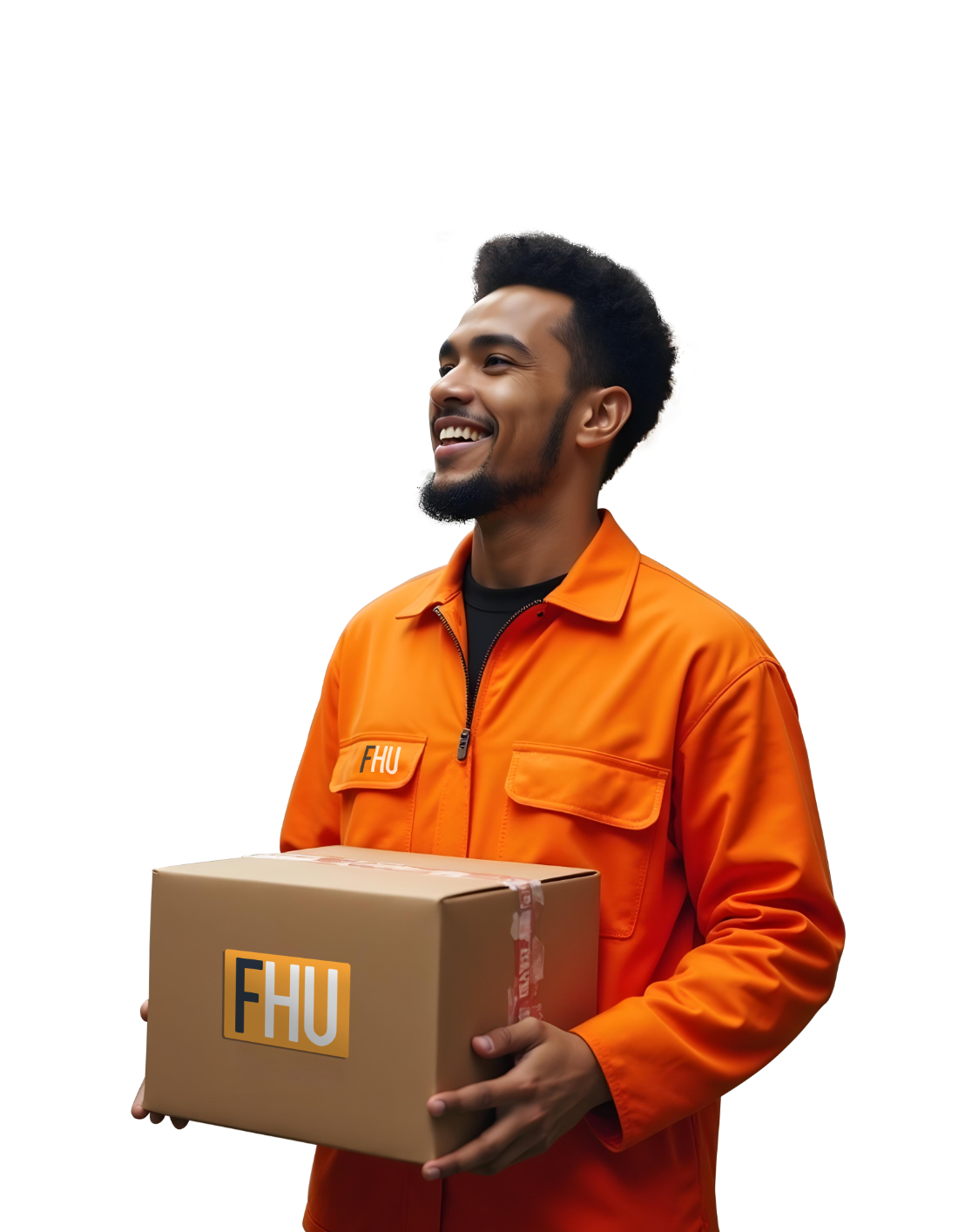 Un courrier Fulfillment Hub USA souriant qui tient un colis de marque