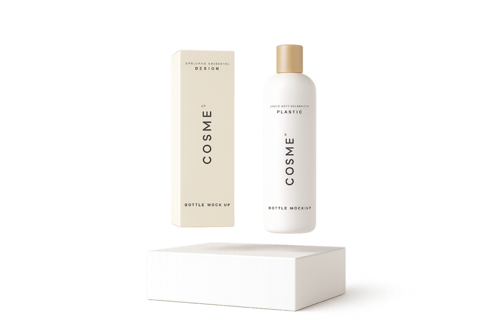 Bottle and box packaging of a luxury cosmetics and skincare brand on white background