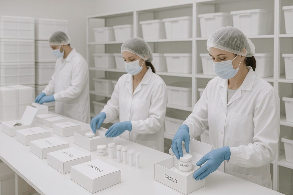 three women are packing clean and neat white packaging with cirurgic gloves and masks. In a white room with clean white bins