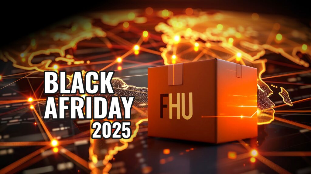 Shinny worldmap with a Fulfillment hub usa box ready to be sent with a caption of black friday 2025